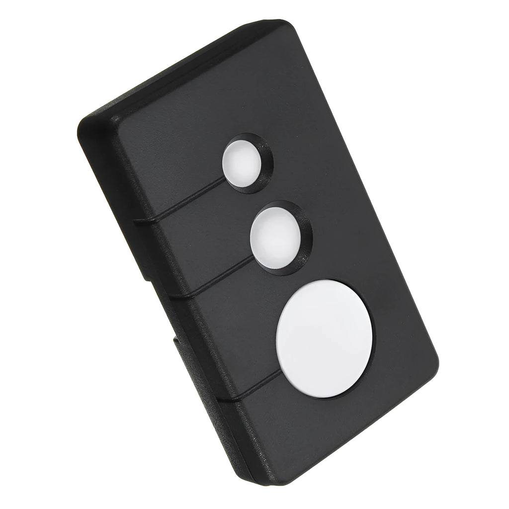 Black three-button garage door remote control compatible with Linear models, showing front button layout
