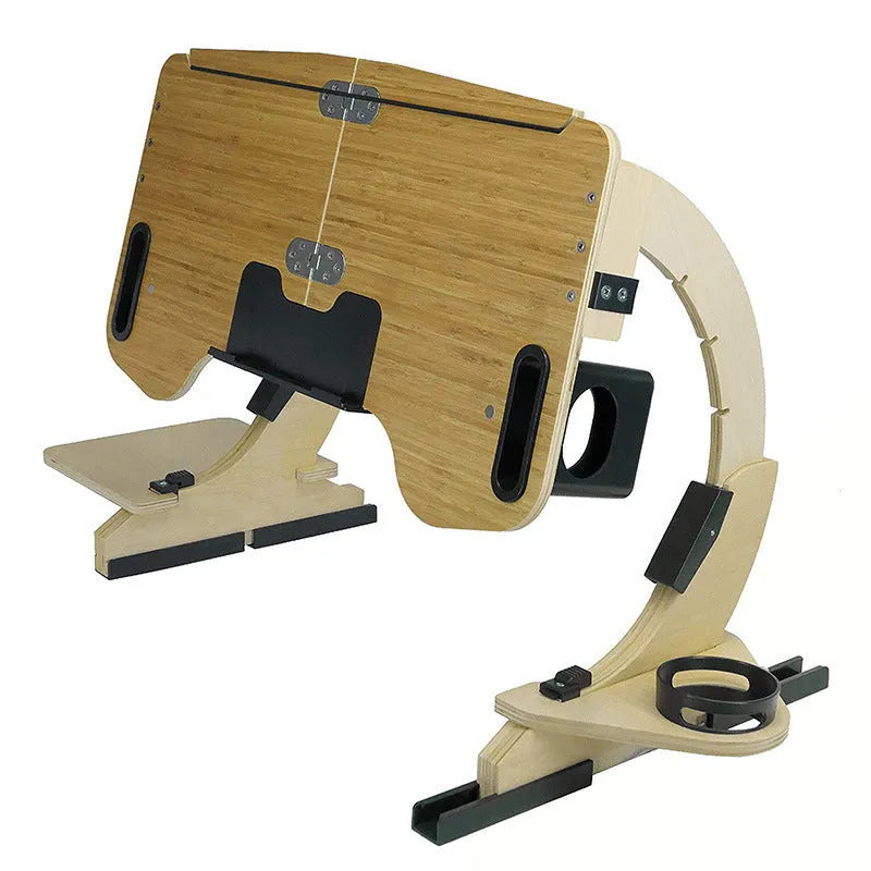 A white maple wooden bed table folded flat, showing its slim profile and adjustable hinge mechanism.