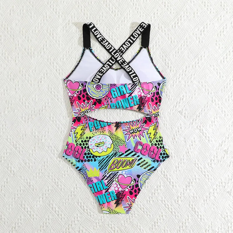 Cute cartoon digital print one piece swimsuit for girls medium and large sizes 13Y-16Y