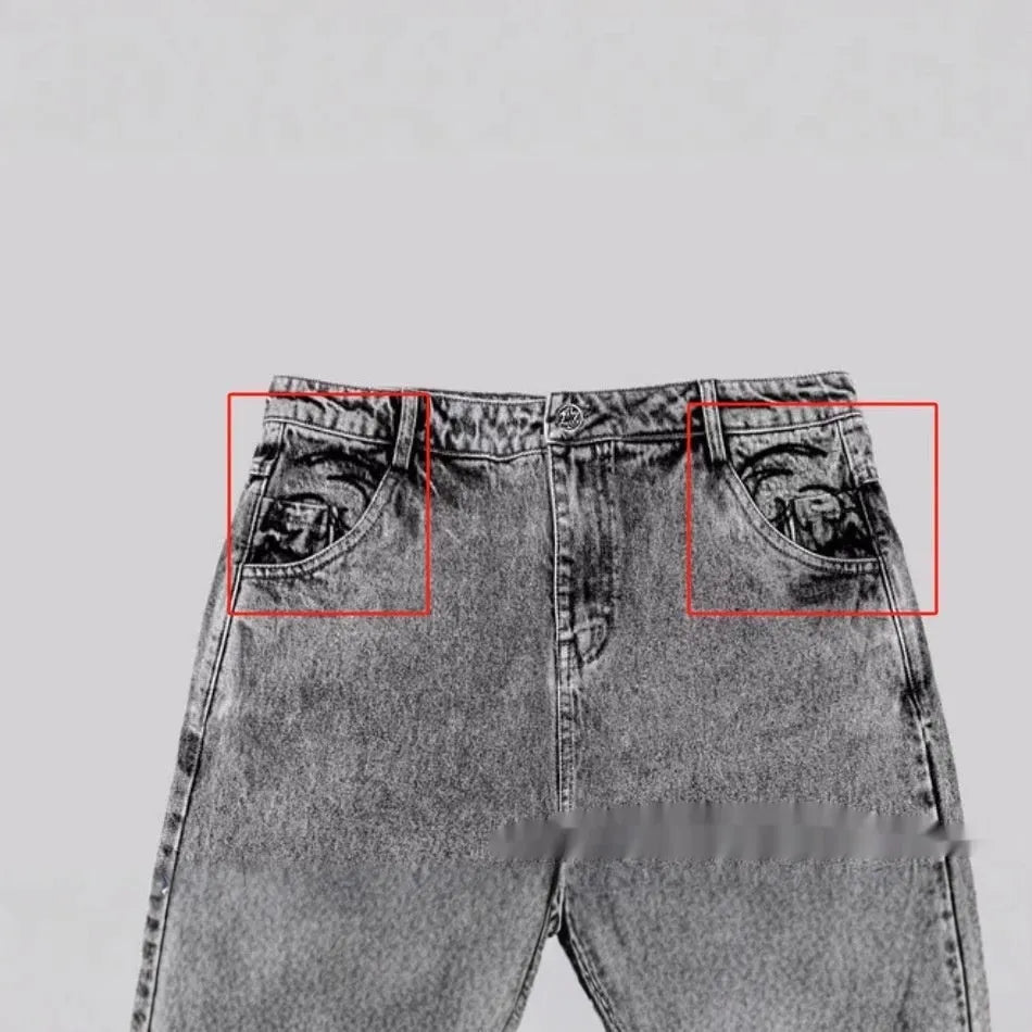 Grey loose-fit straight-leg denim trousers for men laid flat, showing mid-waist and straight-leg cut.