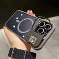 Acrylic iPhone case with magnetic suction, lens film, and multi-dimensional holder in black, blue, grey, orange, purple, and white.