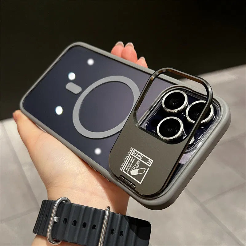 Acrylic iPhone case with magnetic suction, lens film, and multi-dimensional holder in black, blue, grey, orange, purple, and white.