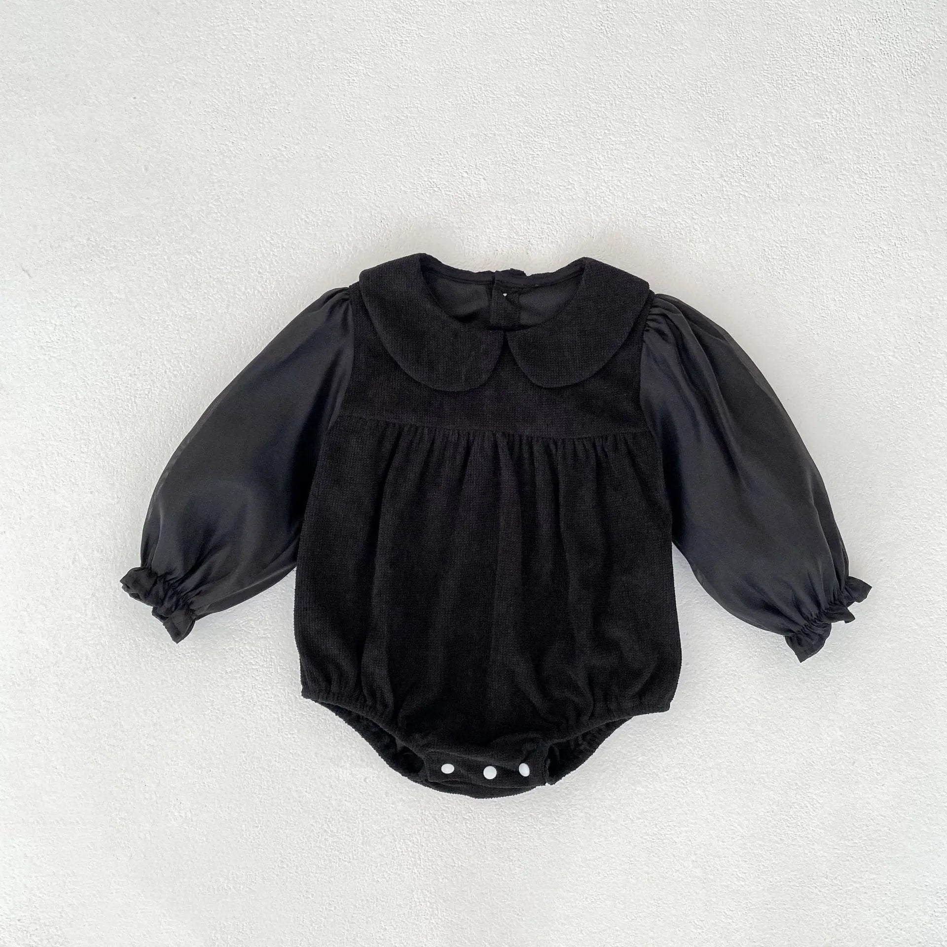 Baby girls corduroy triangle jumpsuit romper with doll collar in apricot colour, long sleeves, bottom-covering style
