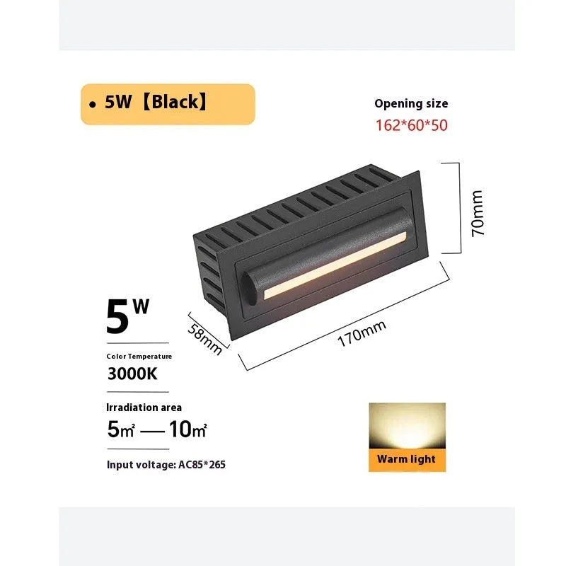 Black LED step lamp with aluminium shell, IP65 waterproof, for outdoor stairs and corridors