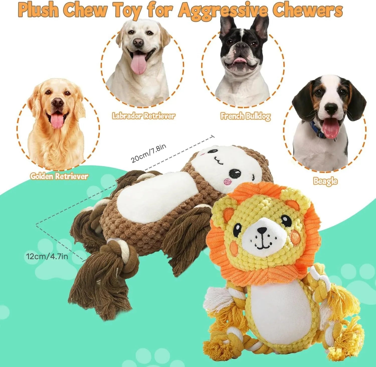 Two stuffed squeaky dog toys: a yellow lion and a brown monkey plush toy on a white background.
