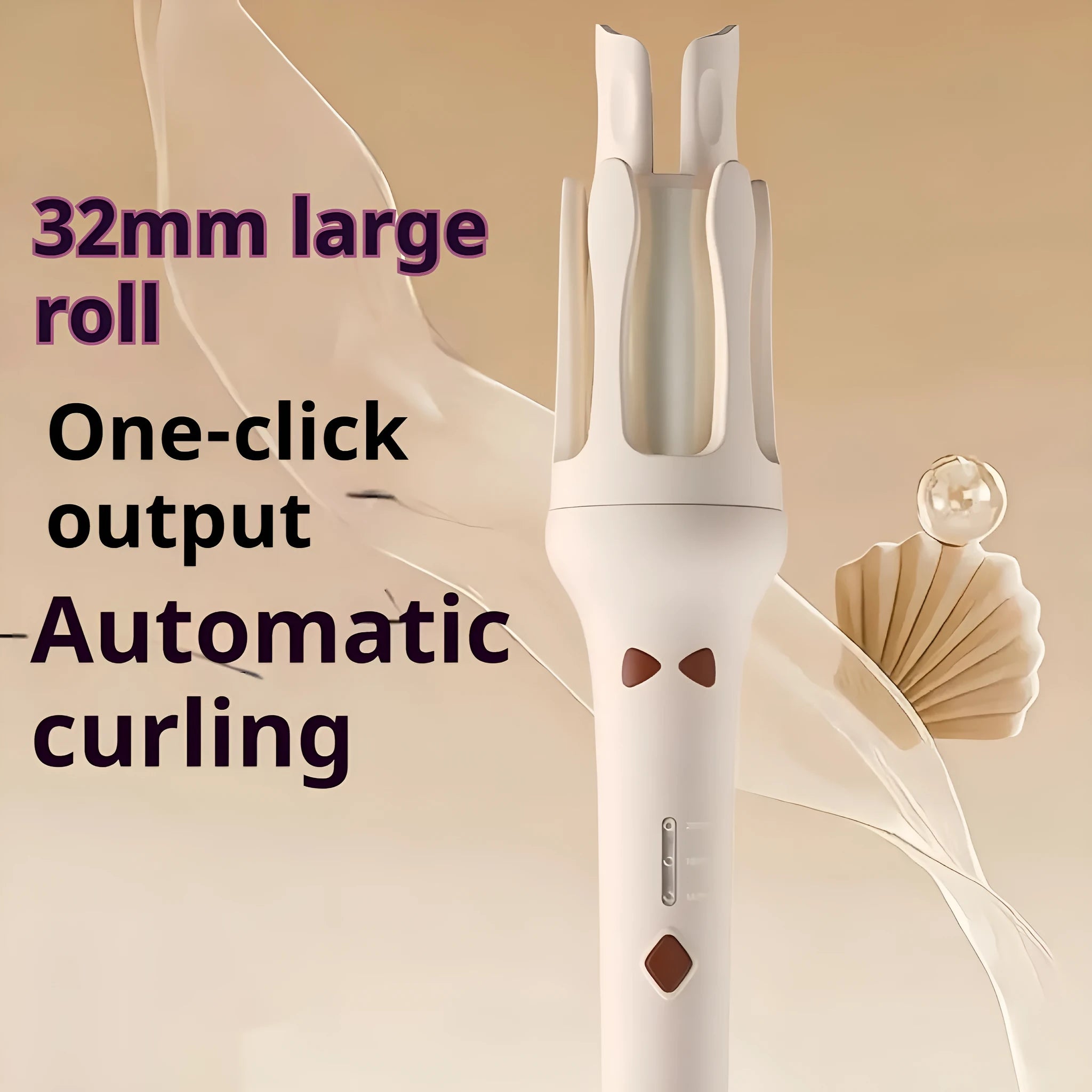 White and pink automatic hair curler with 32mm ceramic barrel and auto-clamp feature on a table.