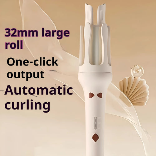 White and pink automatic hair curler with 32mm ceramic barrel and auto-clamp feature on a table.