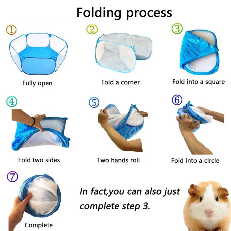 Portable folding small animal playpen with breathable mesh and automatic pop-up in blue, set up indoors with a small pet inside