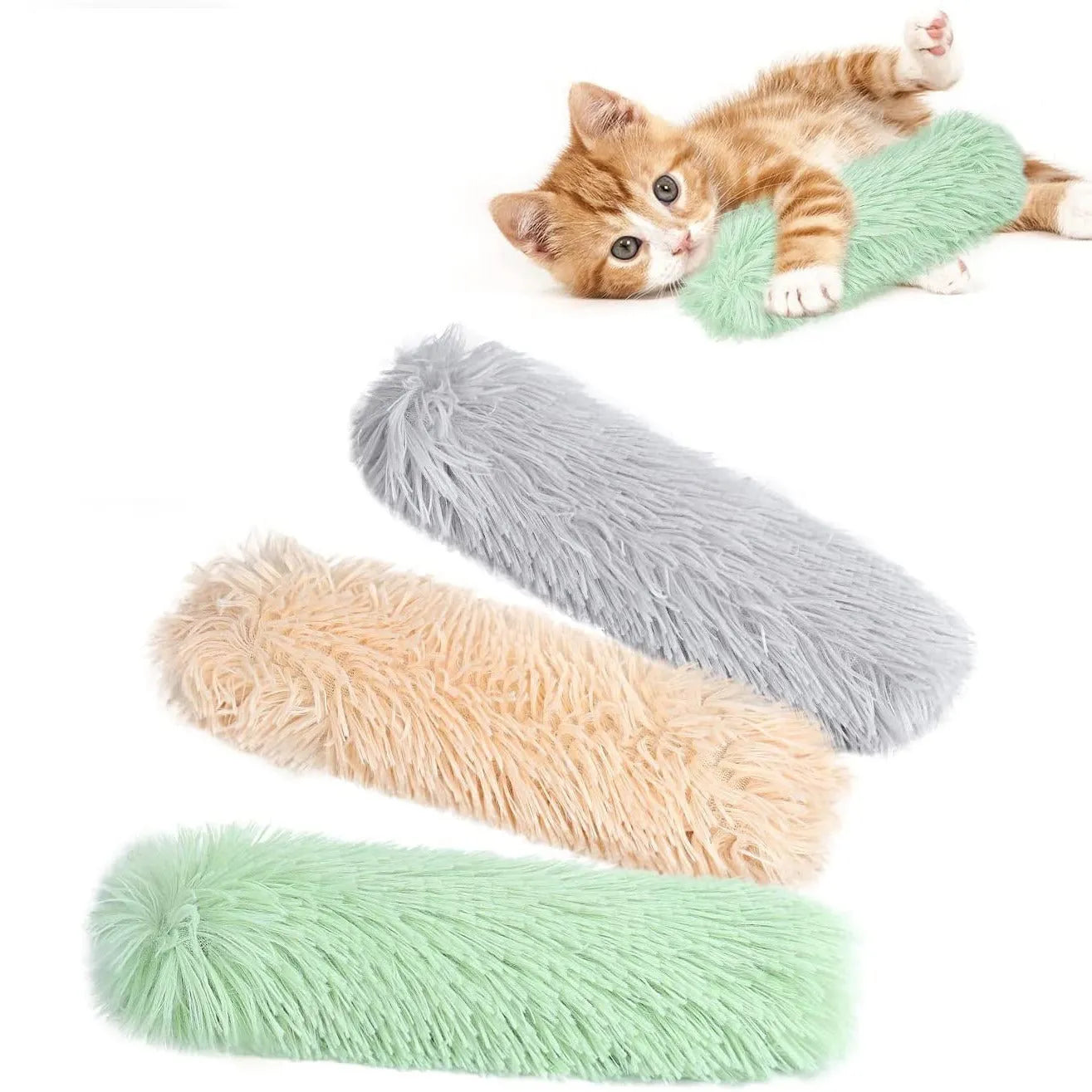 Soft plush cat toy pillow in green, white, blue, or pink, measuring 27x10 cm.