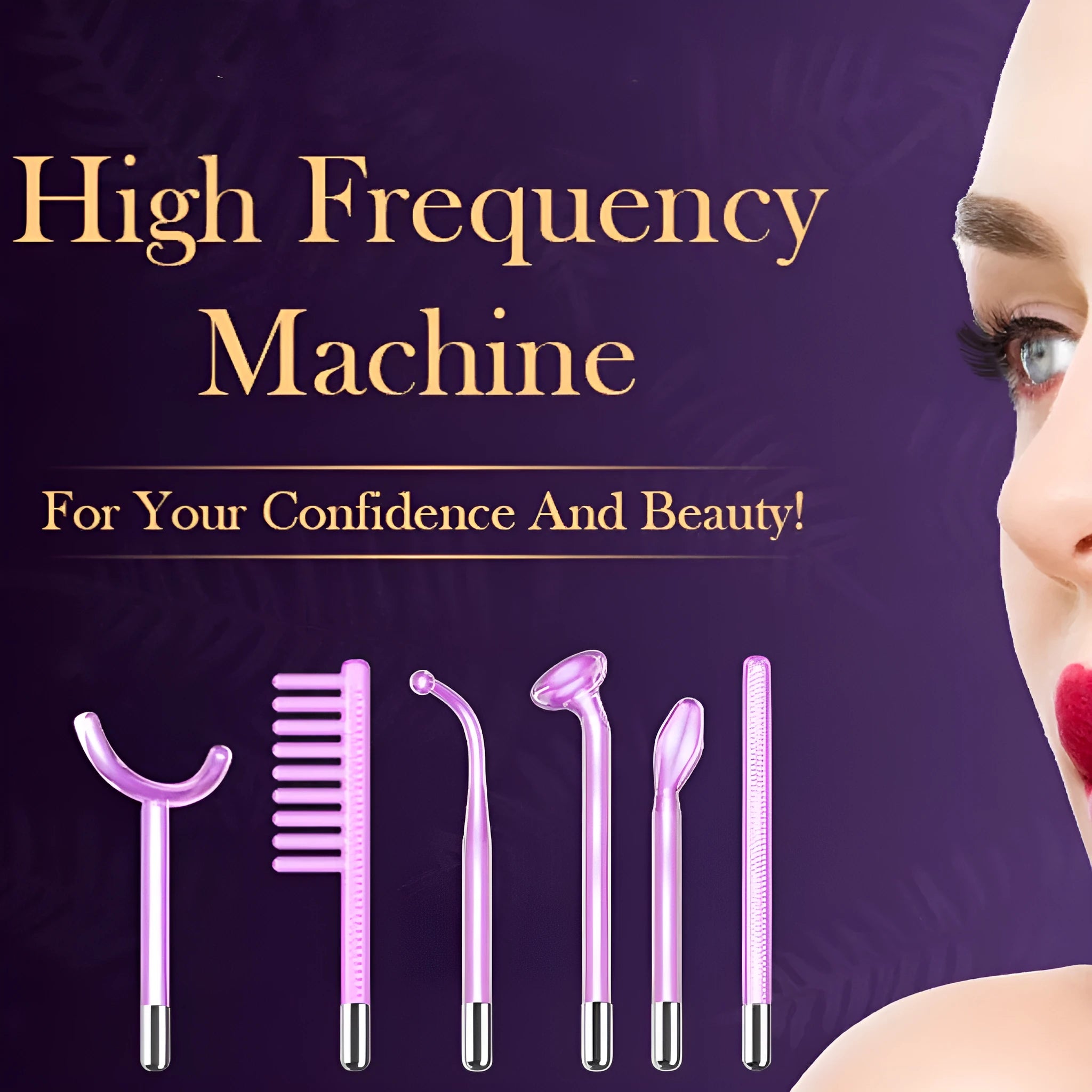 Purple high wave electrotherapy rod six-piece set with multiple accessory heads for wrinkle removal