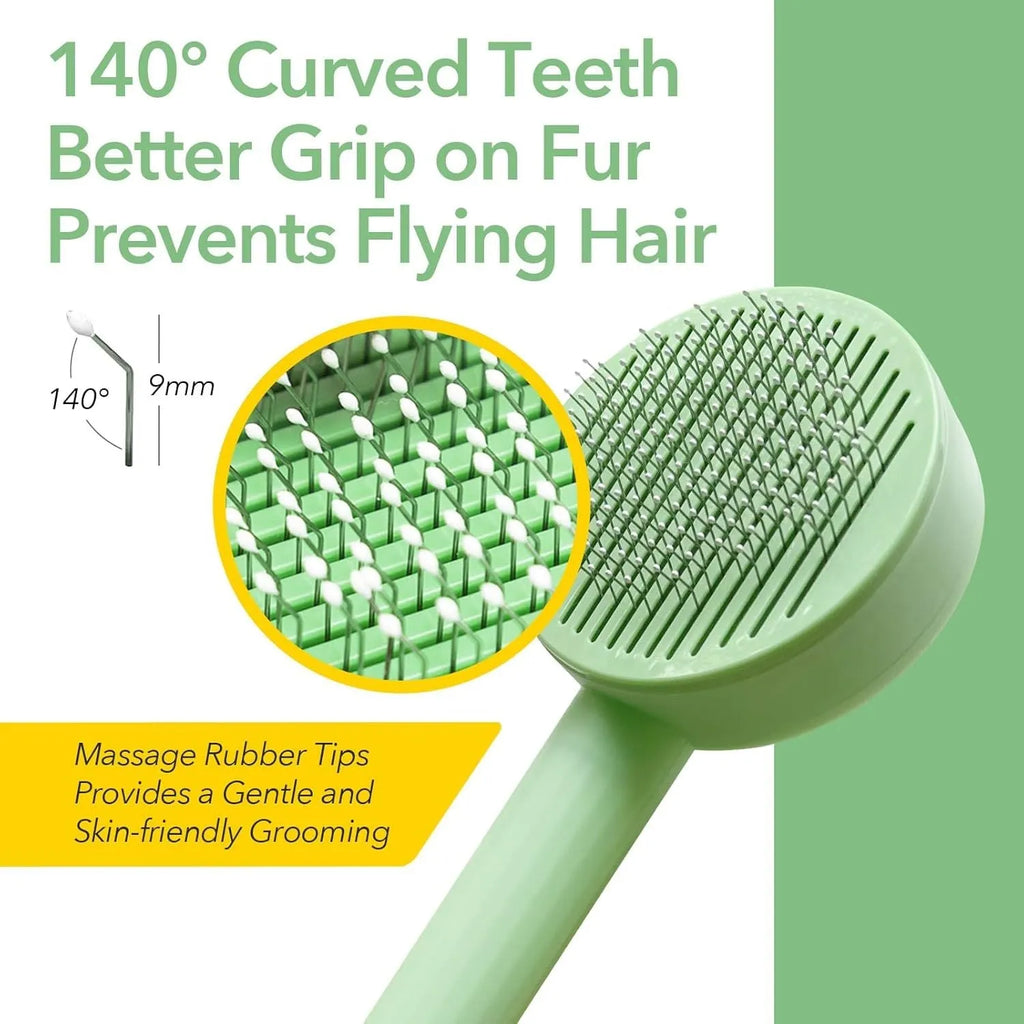 Green and yellow 2-in-1 pet grooming brush with stainless steel teeth and hanging hook