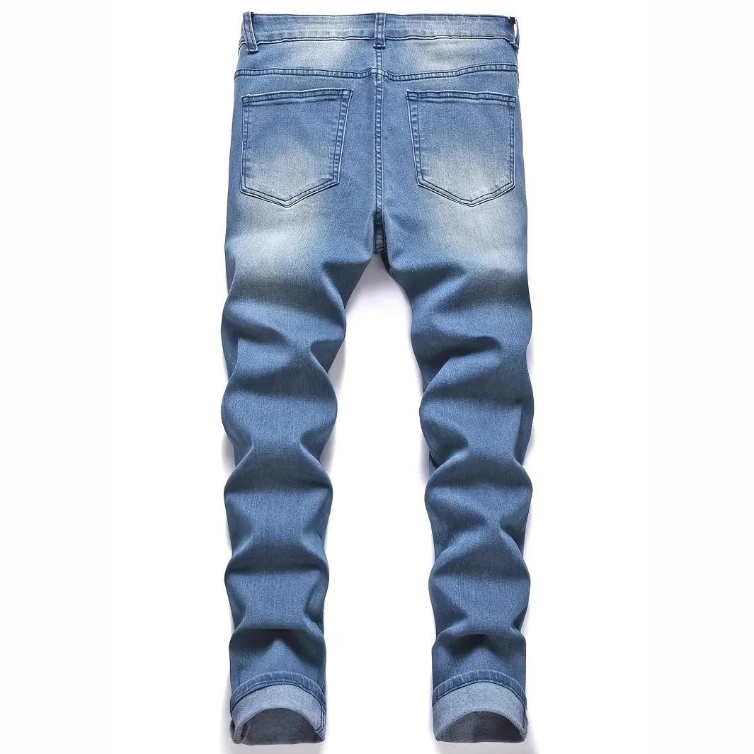 Men's ripped straight leg jeans in peacock blue cotton with street style detailing