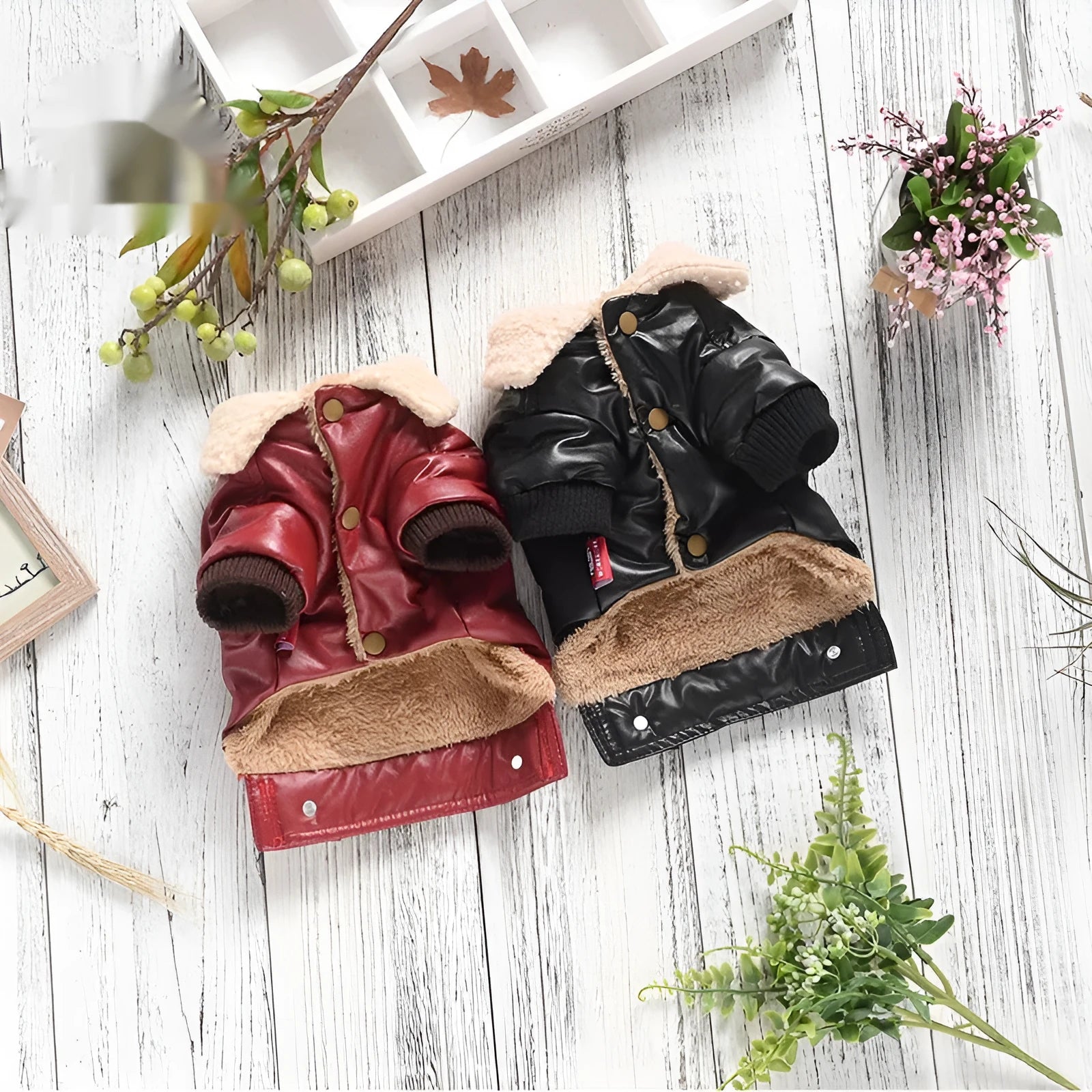 Two-legged PU pet leather coat in red for small dog, fleece-lined with British-style design