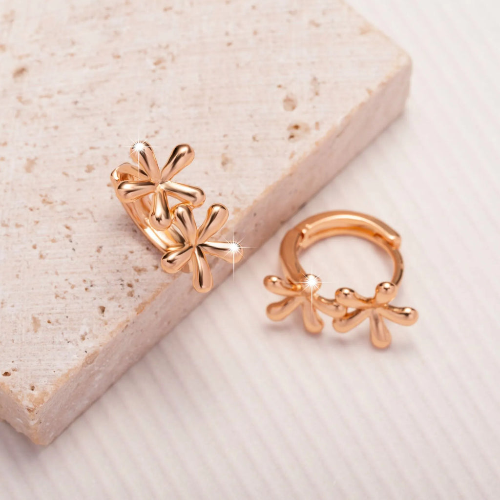 Circular rose gold earrings with a waterdrop flower pattern, shown front-on.