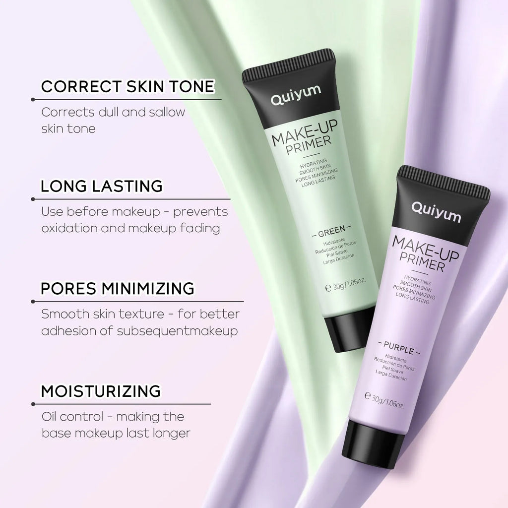30g moisturising makeup primer tube with colour options: green, pink, and purple.