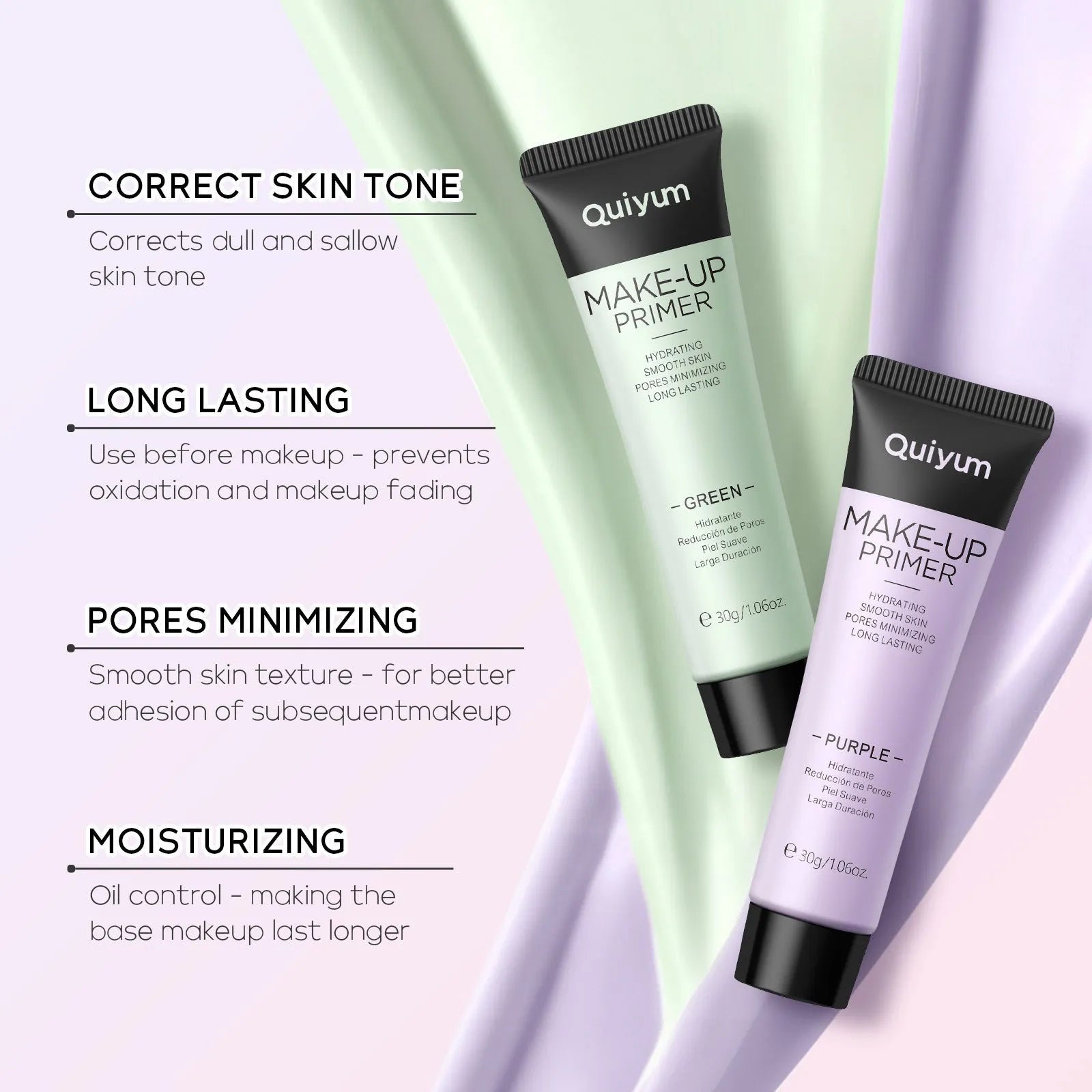 30g moisturising makeup primer tube with colour options: green, pink, and purple.