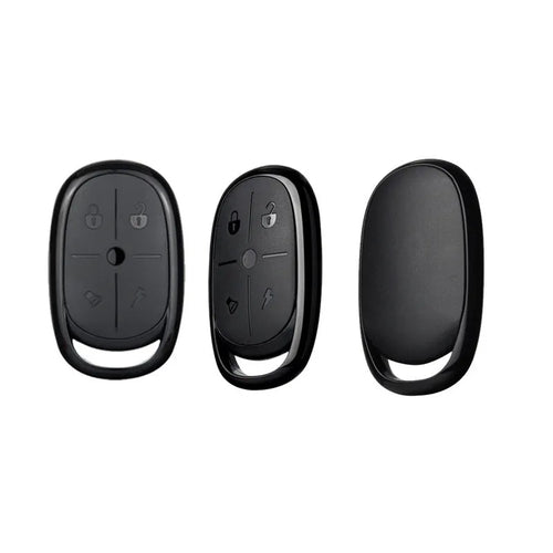Black ABS plastic electric car remote control duplicator with buttons, shown alongside a CR2032 battery.