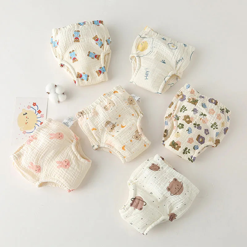 Pure cotton gauze baby training pants with waterproof layer, fun print, sizes 80-110 for potty training