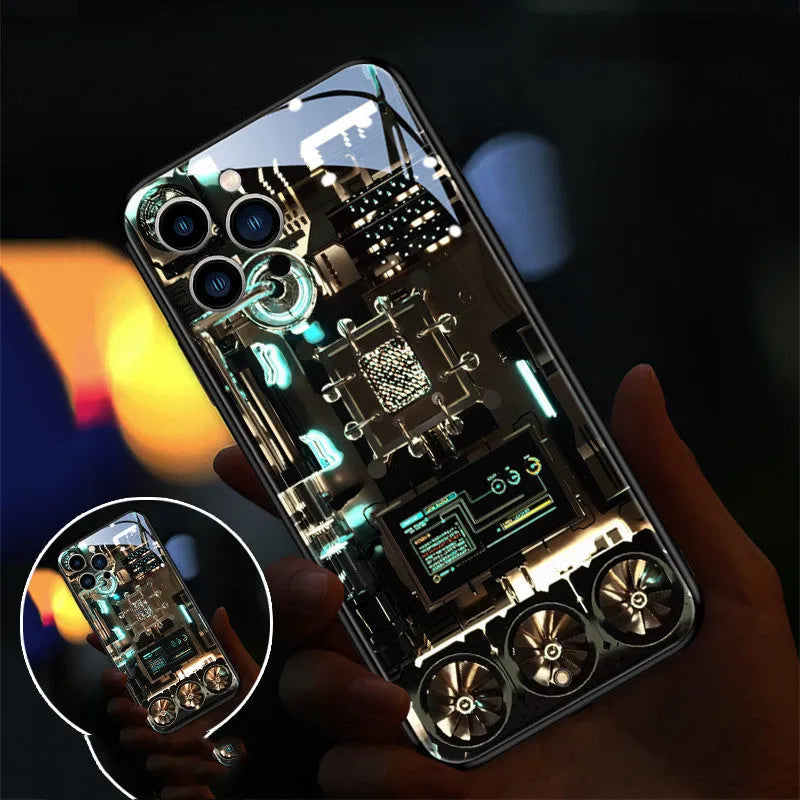 Xpress 14 iPhone case with illuminated light notification around edges, showing tempered glass back on a desk.