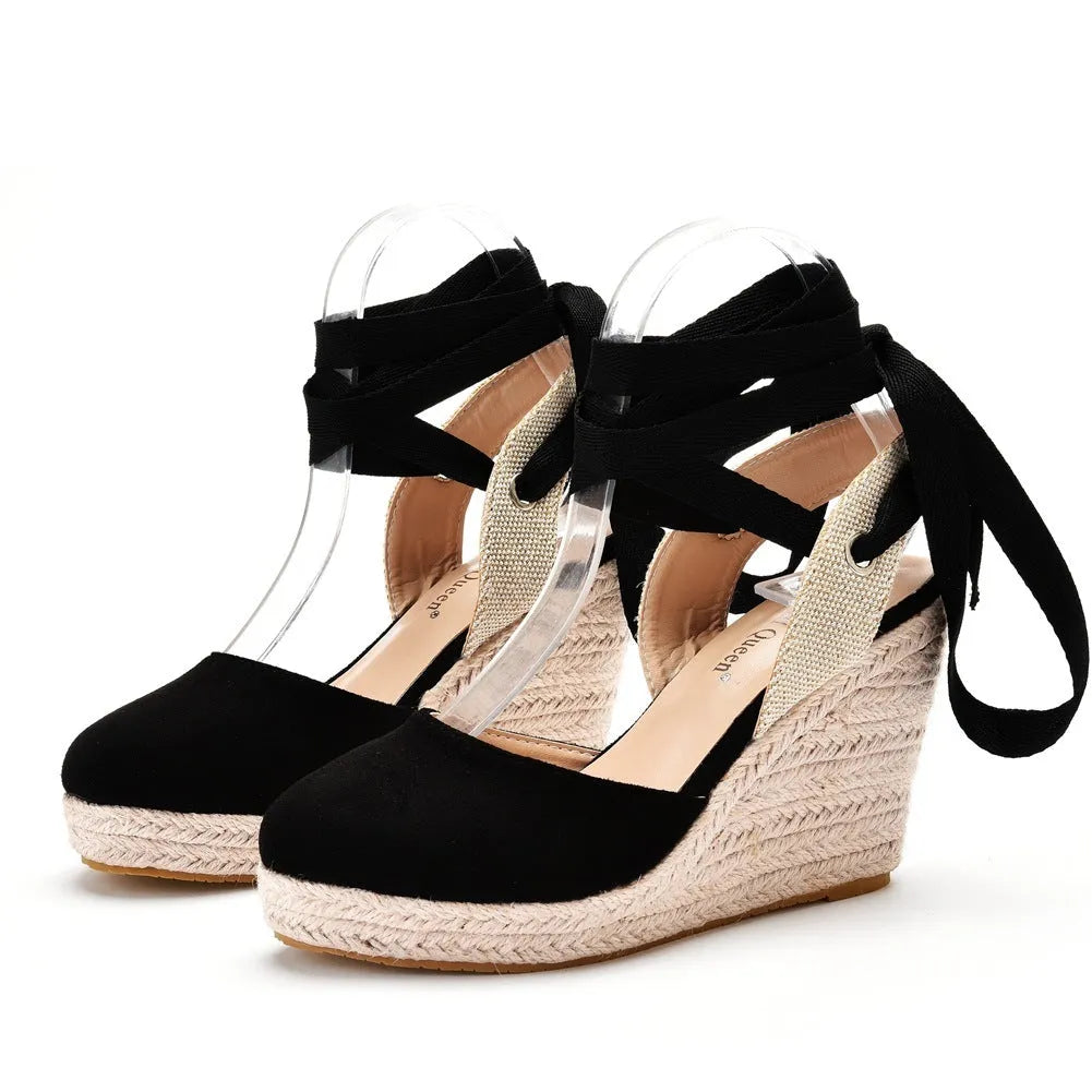 Women's apricot bohemian wedge sandals with round toe, buckle strap, and beaded tassel decorations.