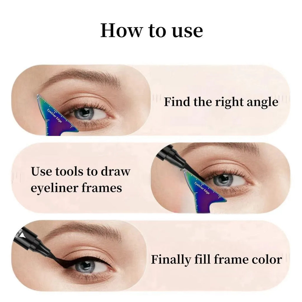 Close-up of reusable plastic 3-in-1 makeup stencil for eyeliner wings, eyebrow shaping, and nose contouring on a pink background.