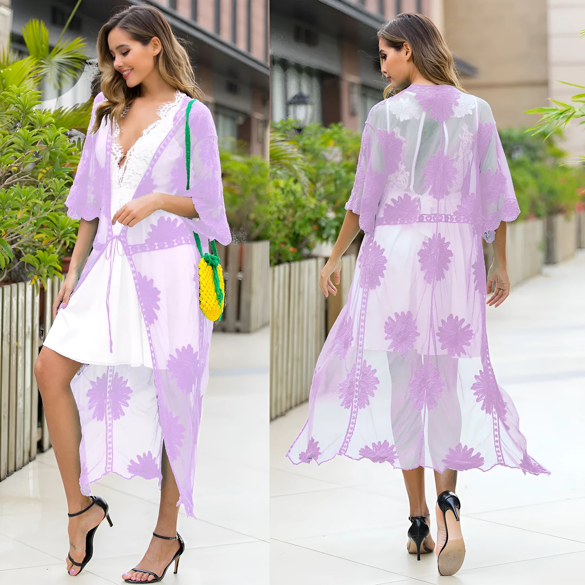 Light purple lace embroidery dress cardigan with cotton lining for beachwear