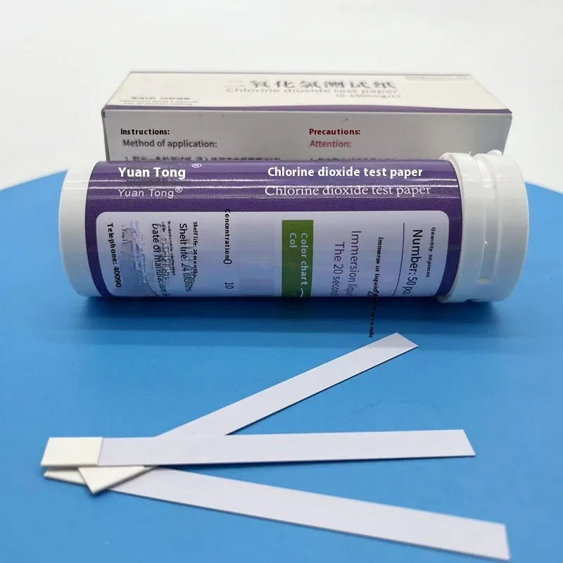 Bottle of 50 chlorine dioxide test strips for waste water detection, range 0-1000mg/L.