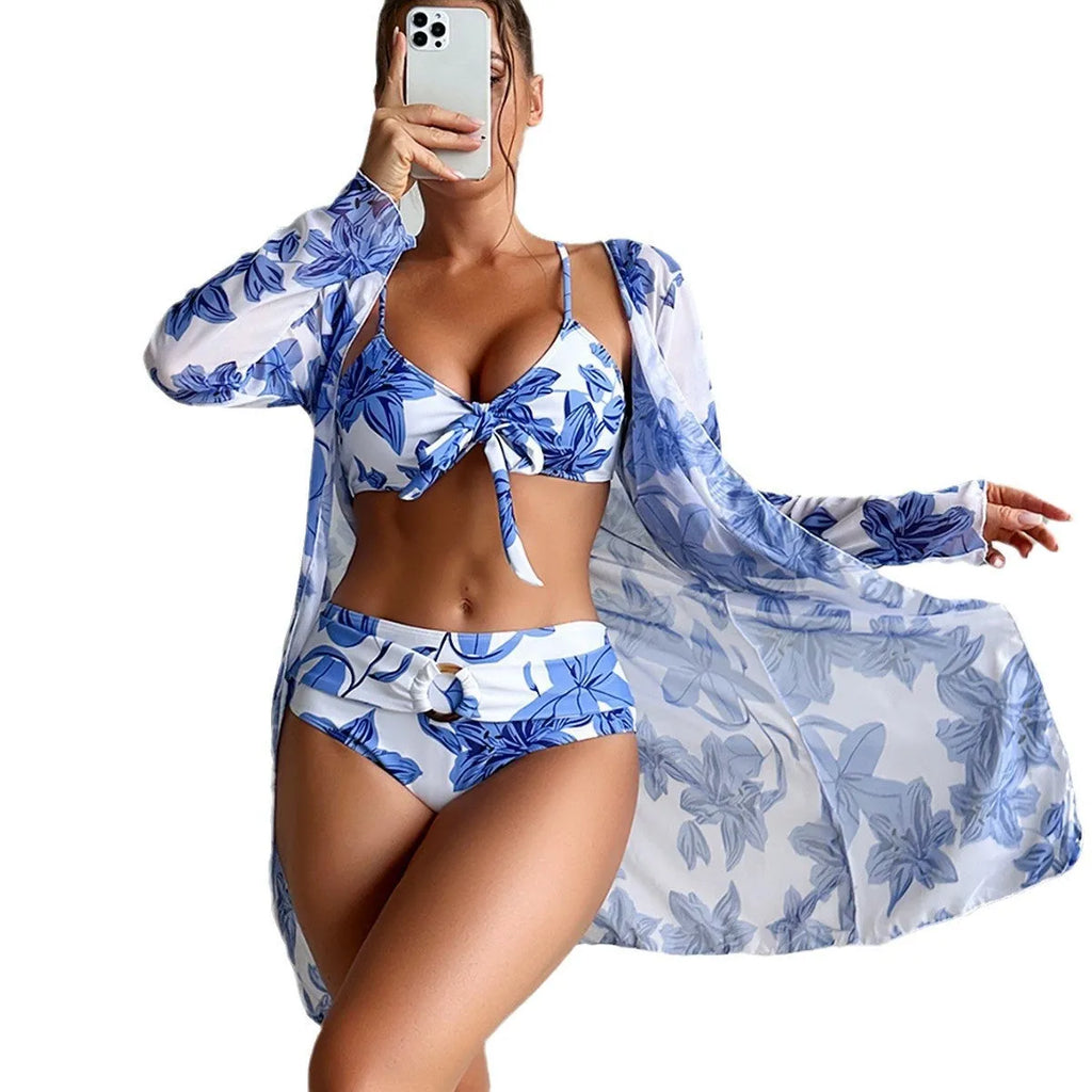 Three-piece printed polyester women's bikini swimsuit set in pattern 2, tight fit, high elasticity, sizes S to XL