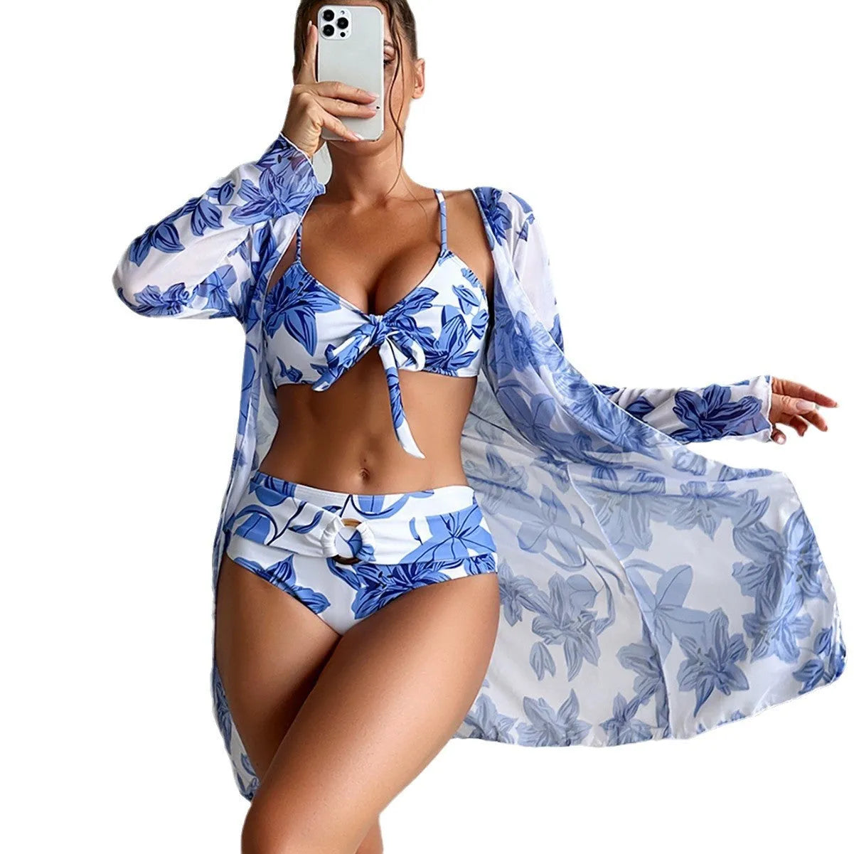 Three-piece printed polyester women's bikini swimsuit set in pattern 2, tight fit, high elasticity, sizes S to XL