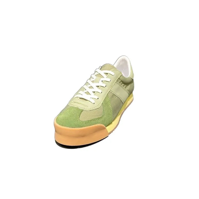 Men's black cow suede leather sports shoes with mesh panels and a raised sole.