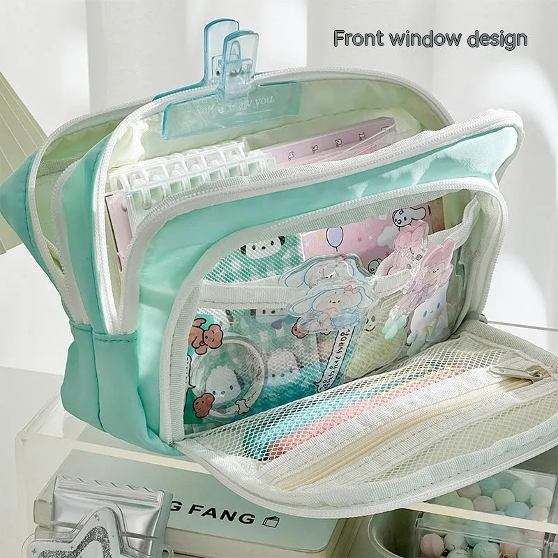 Double-layer high-capacity pencil case with carry handle in solid colour