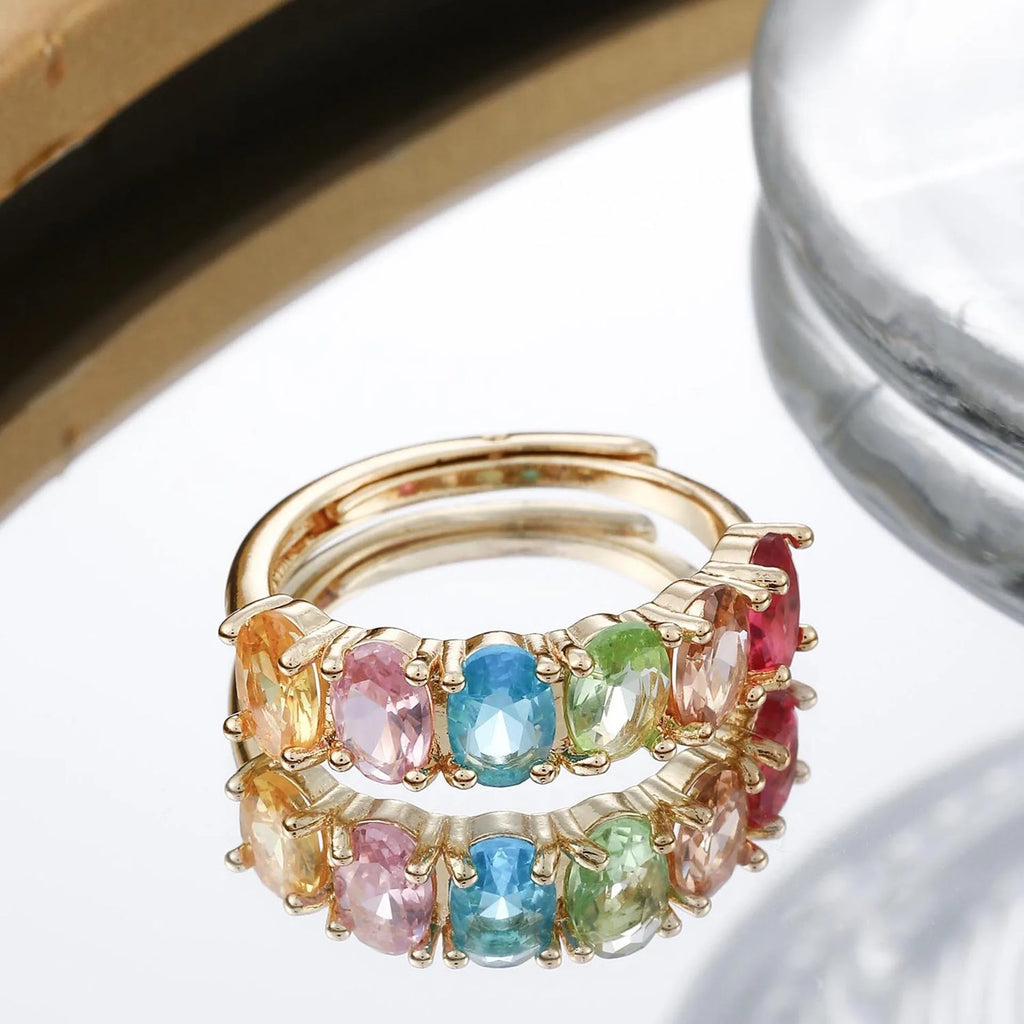 Gold colour adjustable zircon ring with electroplated copper construction and retro styling