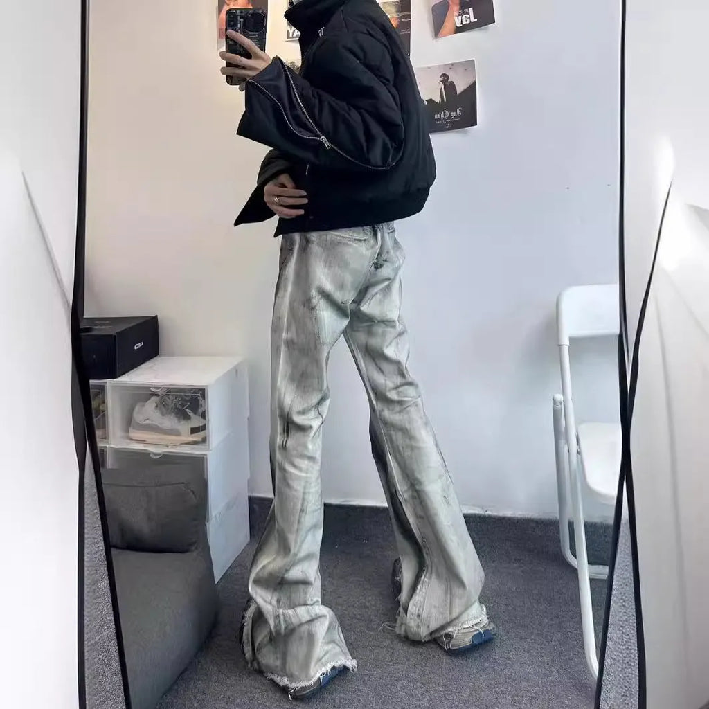 Men's retro style denim jeans with black ribbon gradient selvedge detailing and mid waist straight leg fit