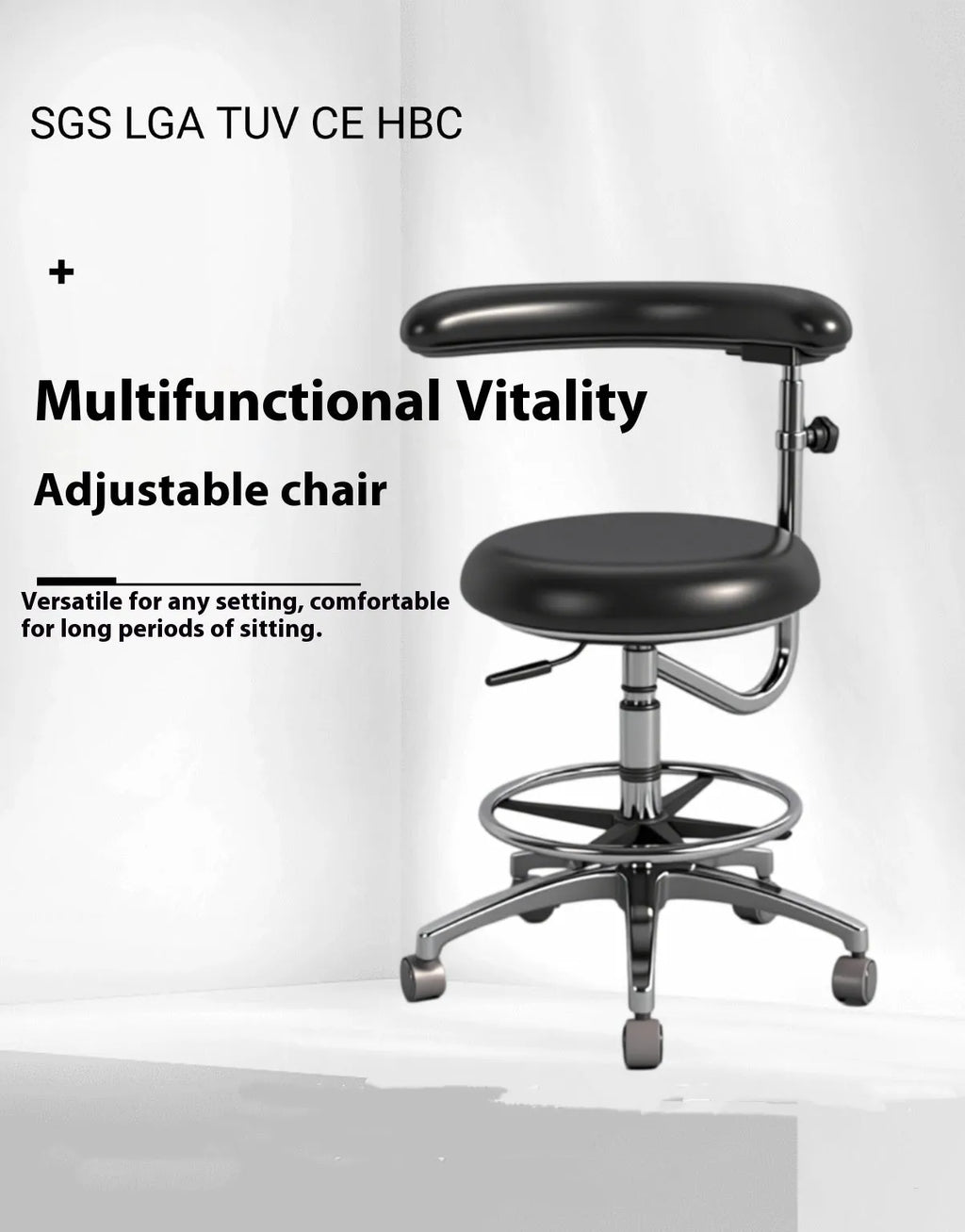 Black leather dental examination chair with manual hydraulic lift mechanism