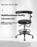 Black leather dental examination chair with manual hydraulic lift mechanism