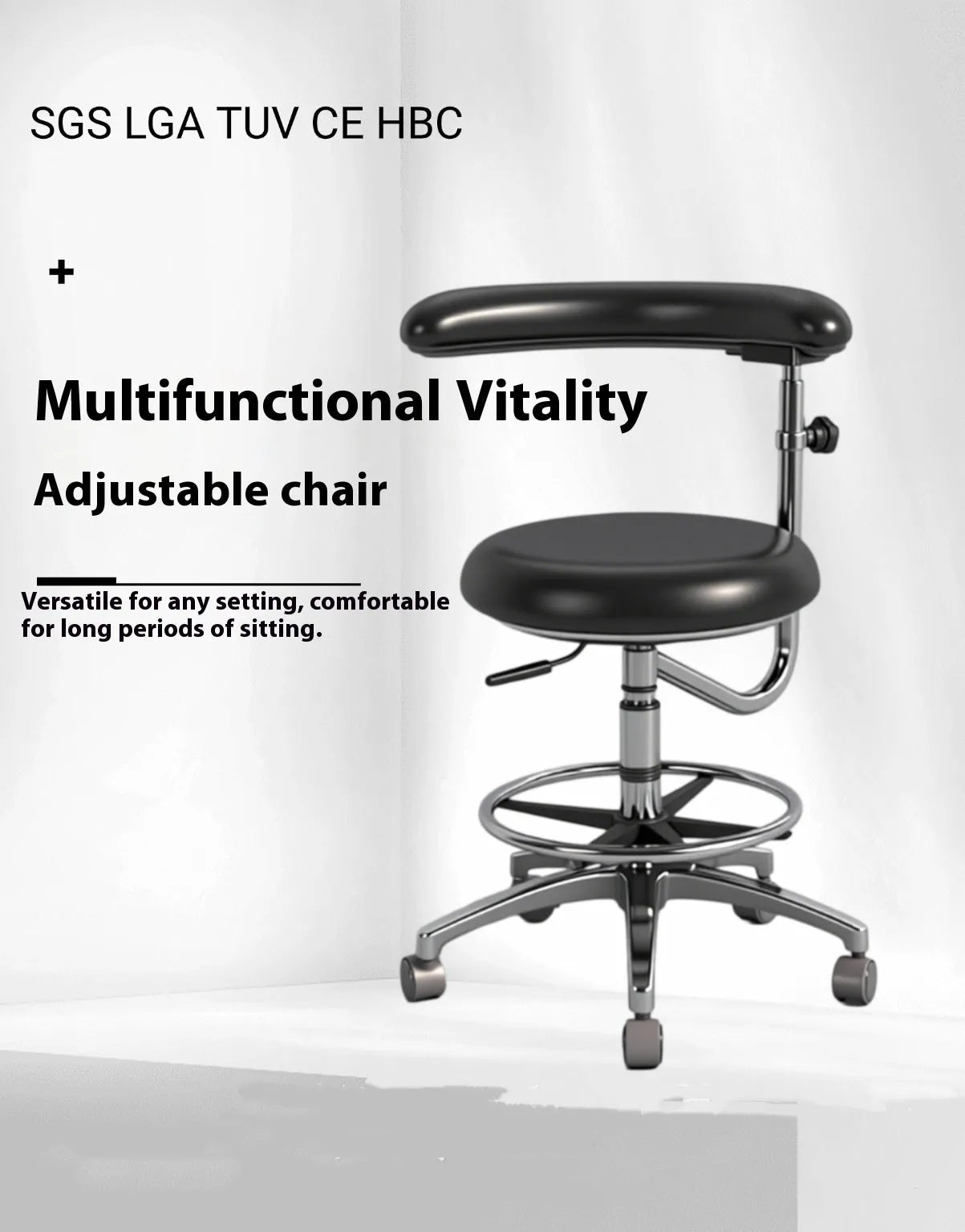 Black leather dental examination chair with manual hydraulic lift mechanism