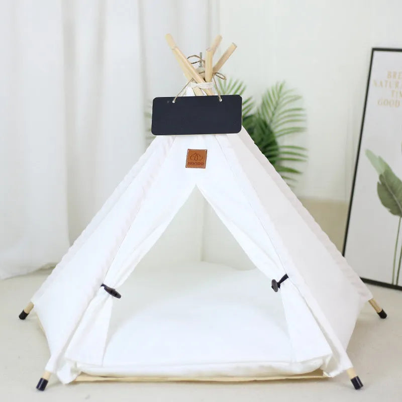 White and yellow striped pet teepee tent with cushion for small dogs or cats