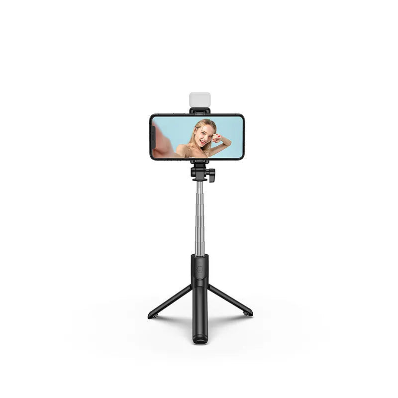 Aluminium alloy Bluetooth selfie stick with tripod base, fill light, and 360-degree rotating phone holder in black colour