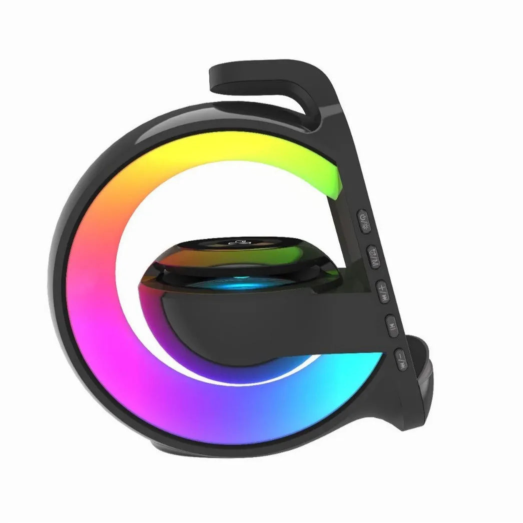 White Bluetooth speaker six-in-one wireless charger with ambience light and dual microphones for home karaoke