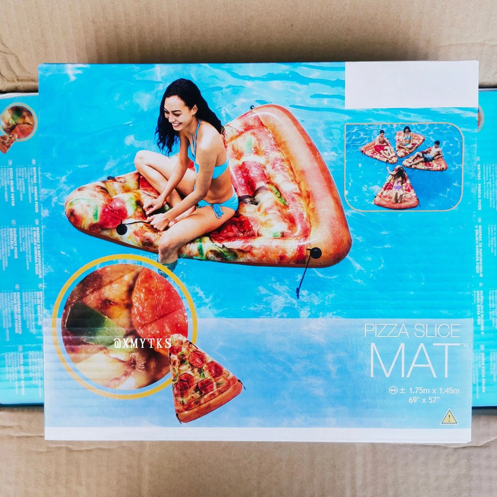 Blue pizza float surfboard inflatable recliner with red trim measuring 175cm x 145cm for pool lounging