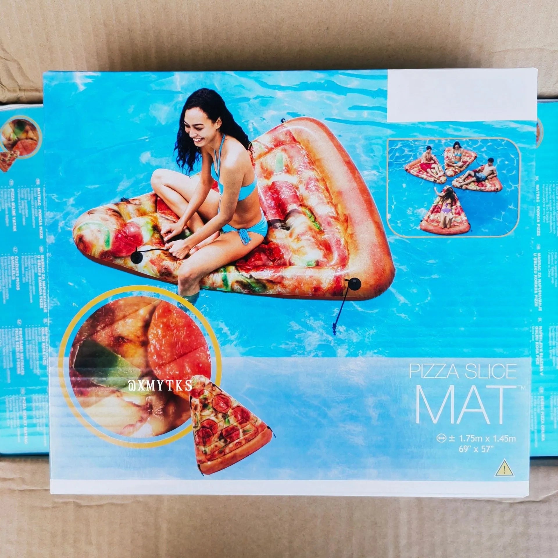 Blue pizza float surfboard inflatable recliner with red trim measuring 175cm x 145cm for pool lounging