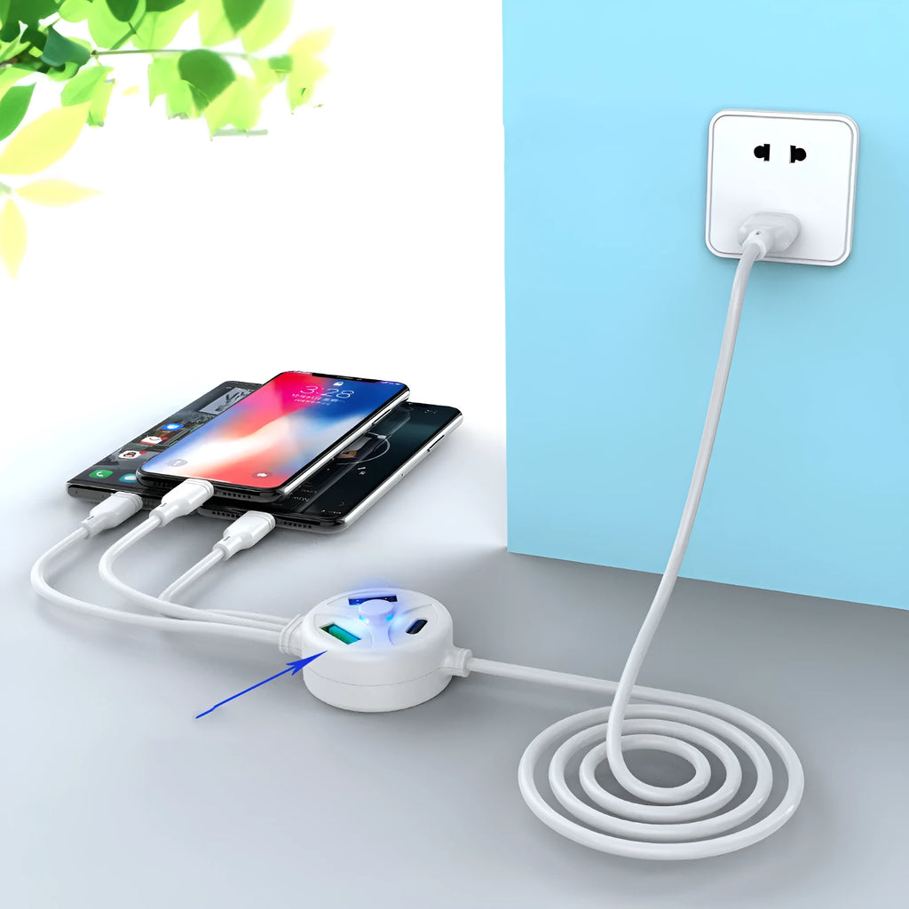 PDPVC mobile phone charging cable with multiple connectors for USB, Micro USB, Mini USB, and TYPE-C ports