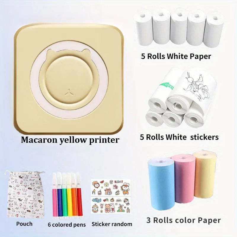 Pocket mini thermal printer in Macaron Blue with USB cable on white background