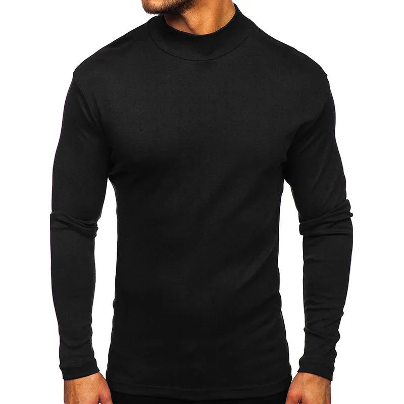 Men's autumn winter Dralon polyester high-neck long-sleeve pullover in solid colour, slim fit, US sizes S-2XL