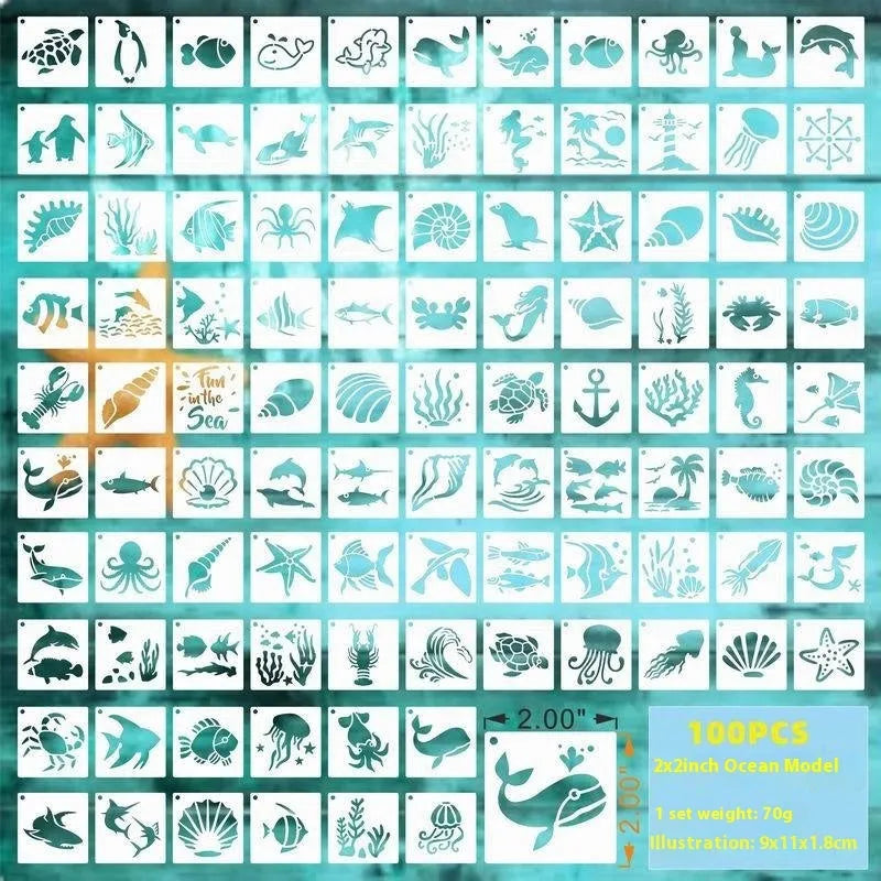 700 piece hollow spray painting stencil set showing animals, ocean, Hawaii, letter, and floral designs on milky white PET film