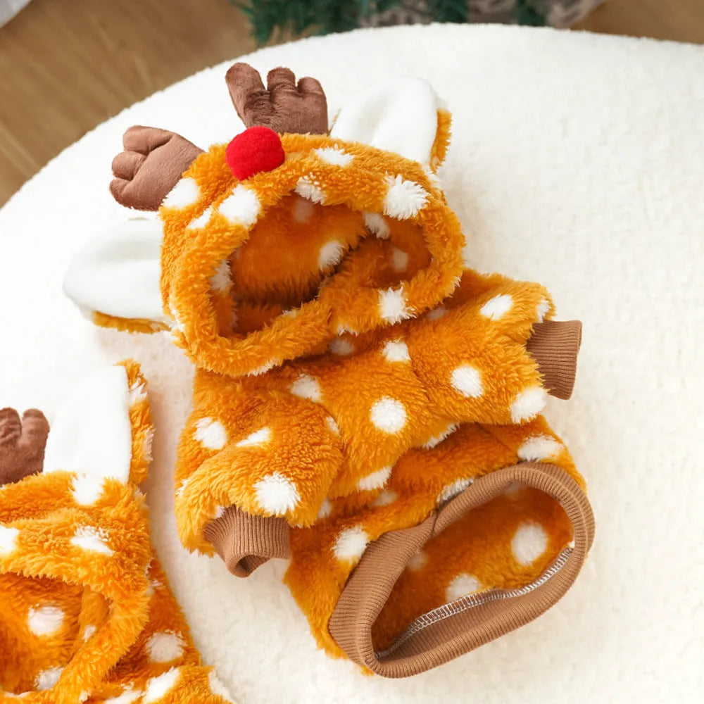 Elk Christmas costume on a medium-sized dog, showing fleece-lined interior and two-legged design.