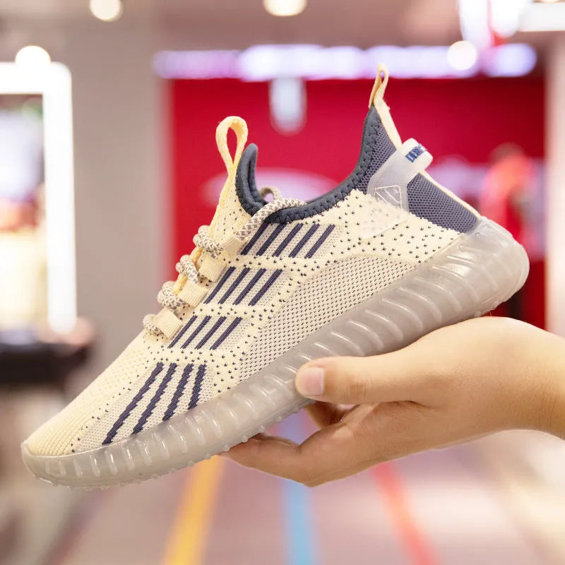 Men's breathable flying fabric sports shoes in white colour showing mesh lining and platform heel design