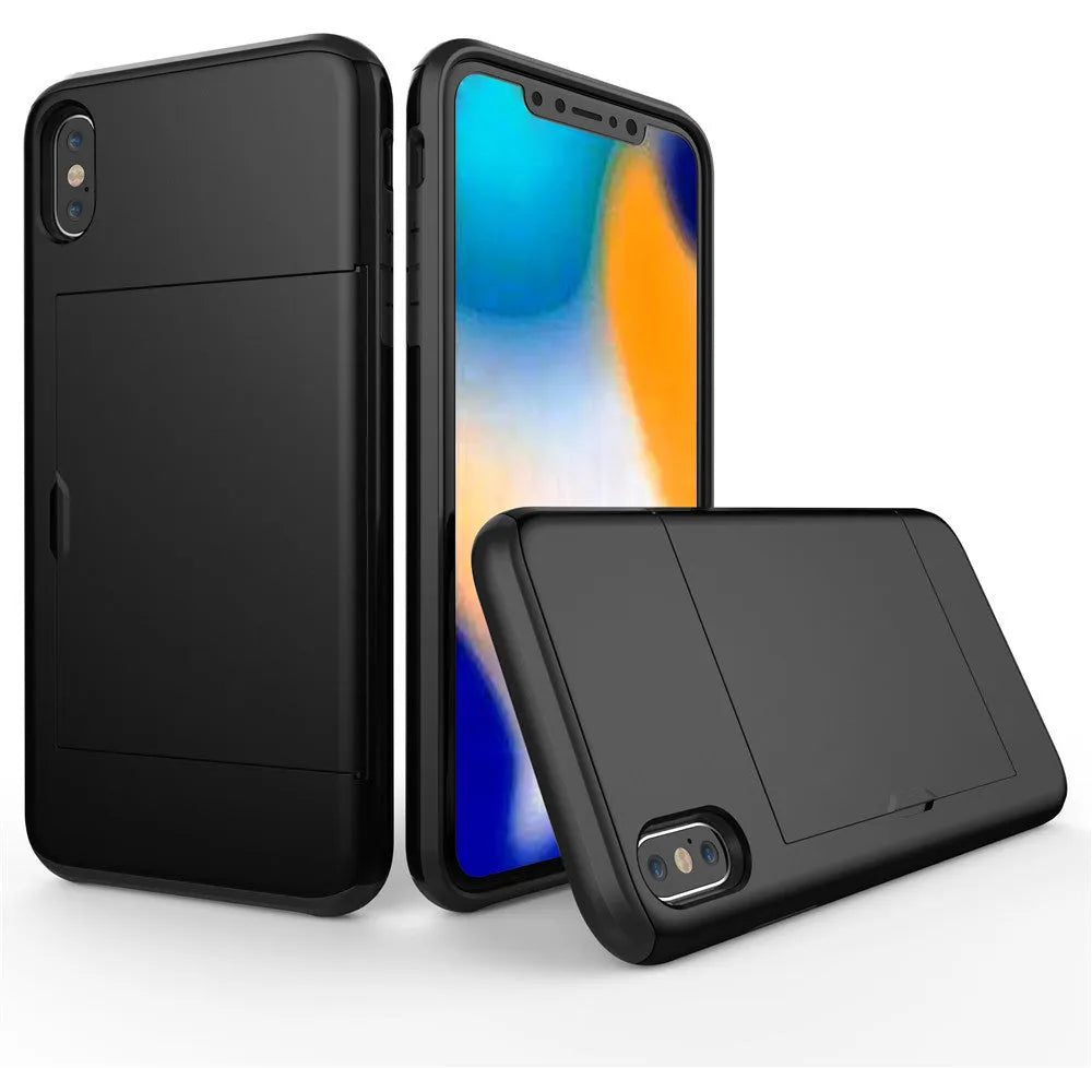 Armor Card iPhone case in black PC back cover with drop protection, shown from back angle.