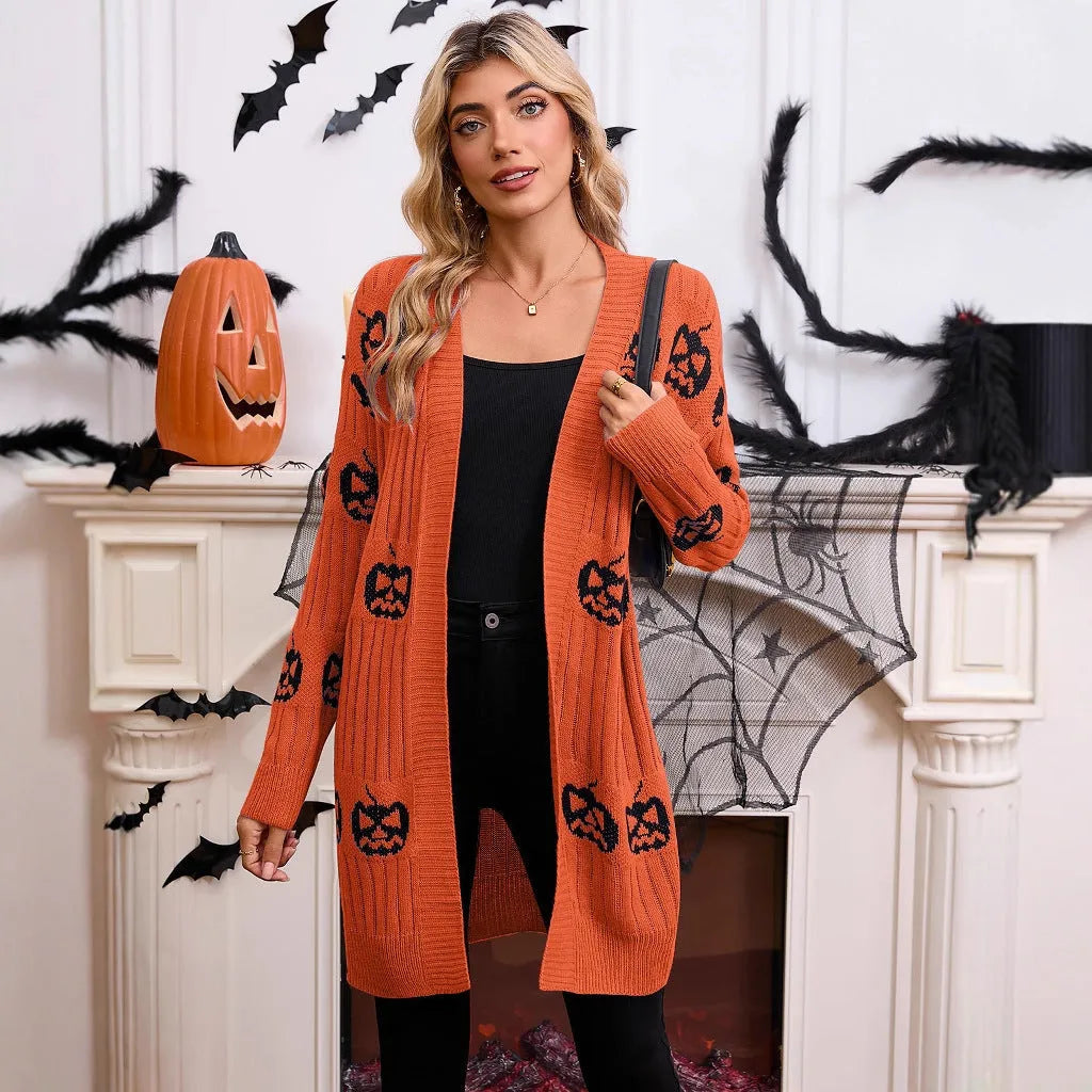 Women's black Halloween cardigan with orange Jacquard-knitted pumpkin head pattern.