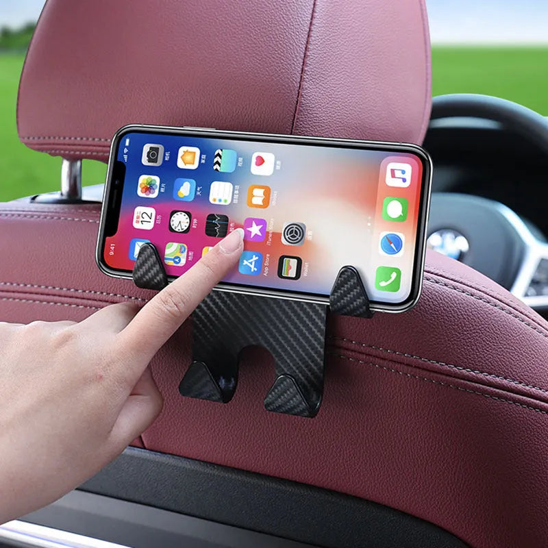 Black car multifunction hook bracket with integrated mobile phone holder for rear seat mounting
